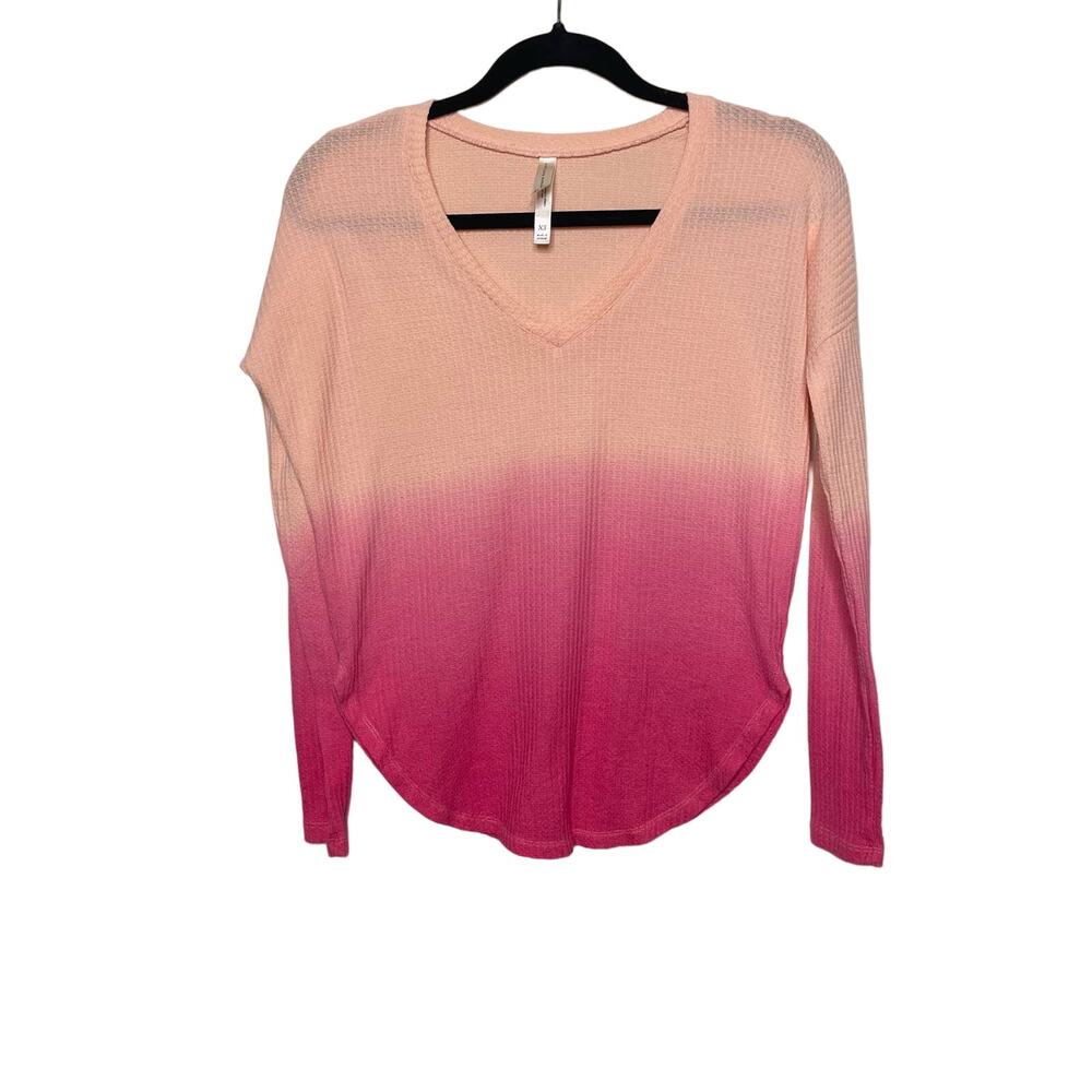 Live Love Dream Ombre Waffle Knit Top Long Sleeve VNeck Curved Hem Beige Pink XS